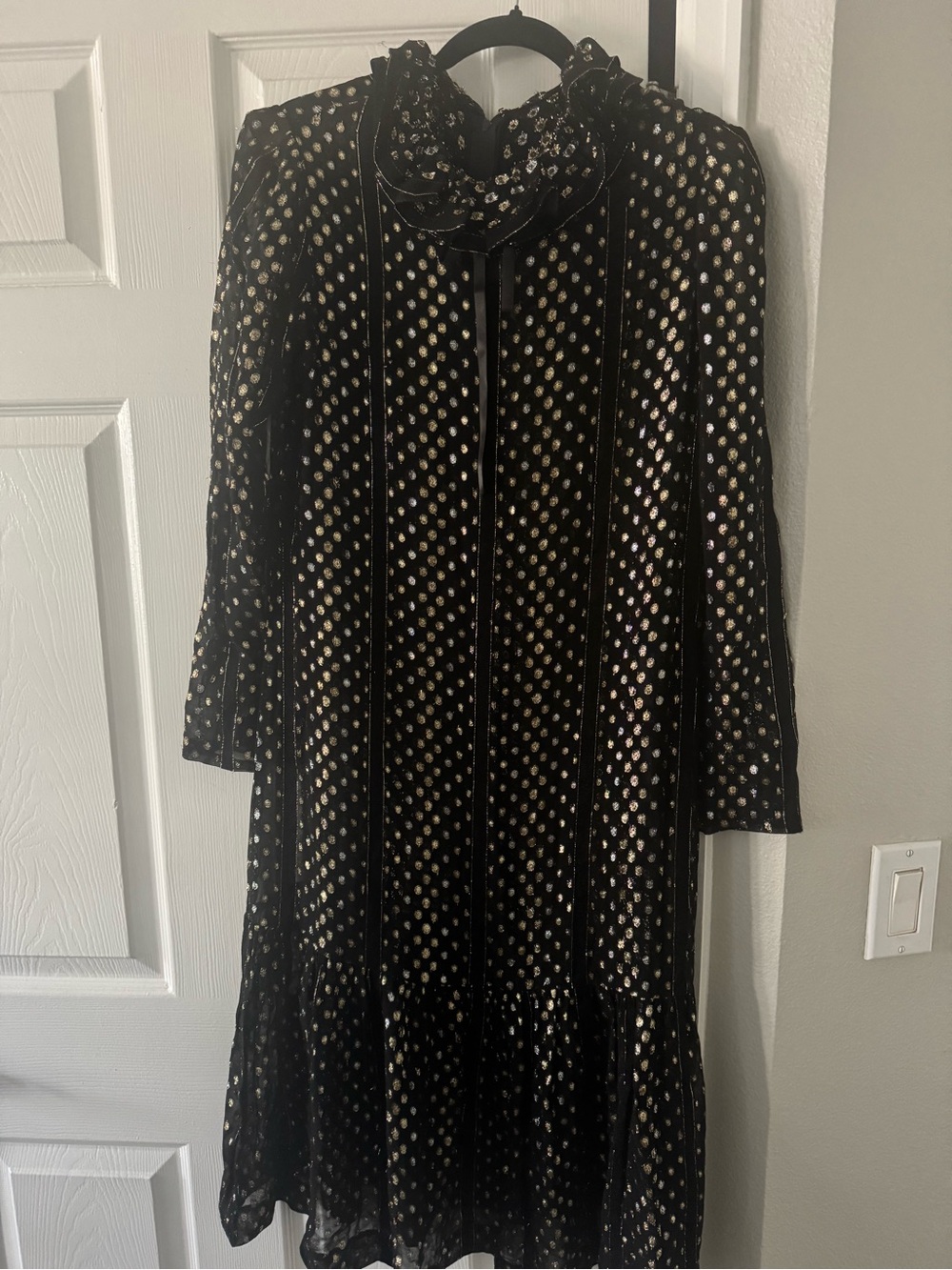 Vintage Helga Black Maxi Dress with Gold Dot Accent and Ruffle Neckline